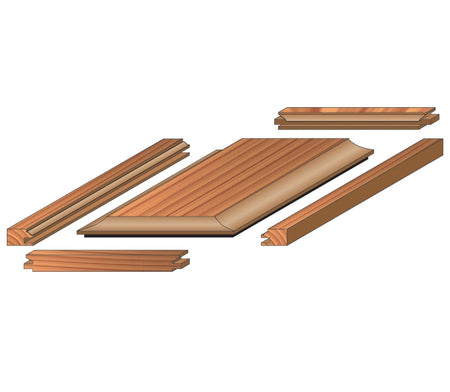 Exploded view diagram of a raised panel cabinet door illustrating the precise ogee rail and stile joinery and the bevel panel profile created by the Freud 97-250 router bit set.