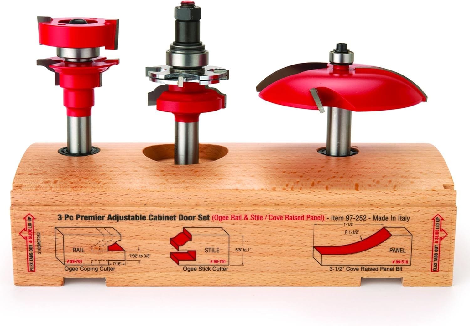 Freud 97-252 cabinet bit set displayed in a wooden base showing the ogee coping cutter, ogee stick cutter, and 3-1/2-inch cove raised panel bit with detailed profile diagrams.