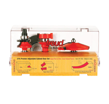 Freud 97-252 3-piece premier adjustable cabinet door set in a premium wooden storage box with a clear protective cover for organizing industrial 1/2-inch shank router bits.