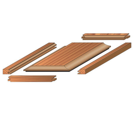 Exploded view diagram of a raised panel cabinet door demonstrating the precise ogee rail and stile joinery and cove panel profiles produced by the Freud 97-252 adjustable bit set.