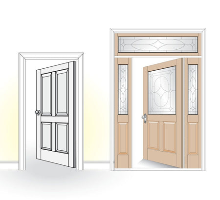 Architectural illustration of high-quality interior and entry doors with decorative panels showcasing the professional results of the Freud ogee and cove profile door making kit.