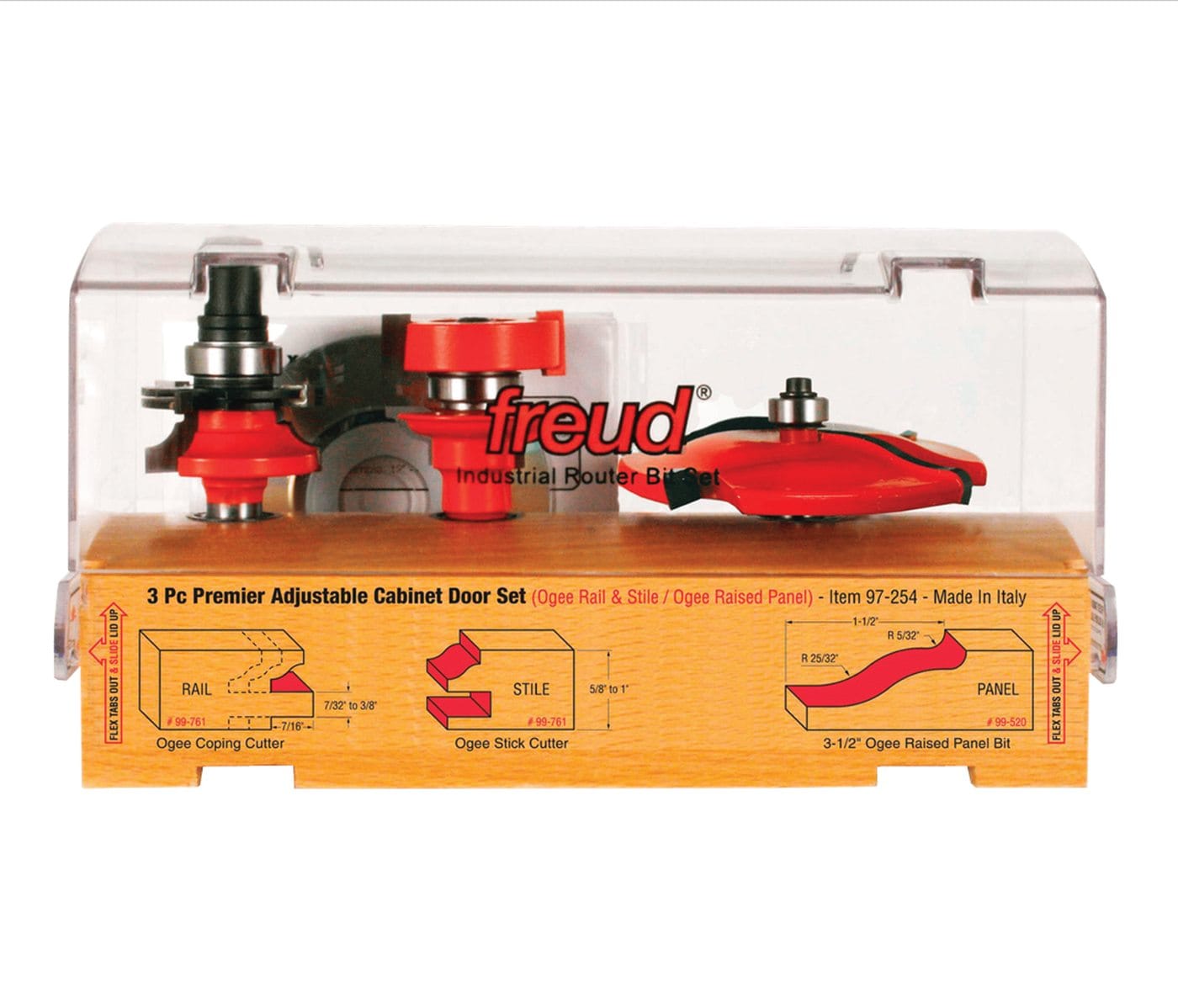 Freud 97-254 3-piece premier adjustable cabinet door router bit set in a wooden storage box featuring ogee rail and stile bits and a 3-1/2-inch ogee raised panel bit.