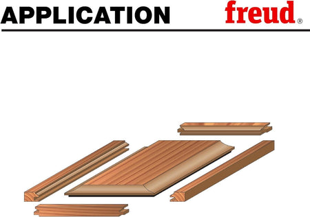 An exploded view diagram showing the assembly of a custom cabinet door, highlighting how the rail, stile, and raised panel components fit together using the precision profiles cut by the Freud cabinet bit set.