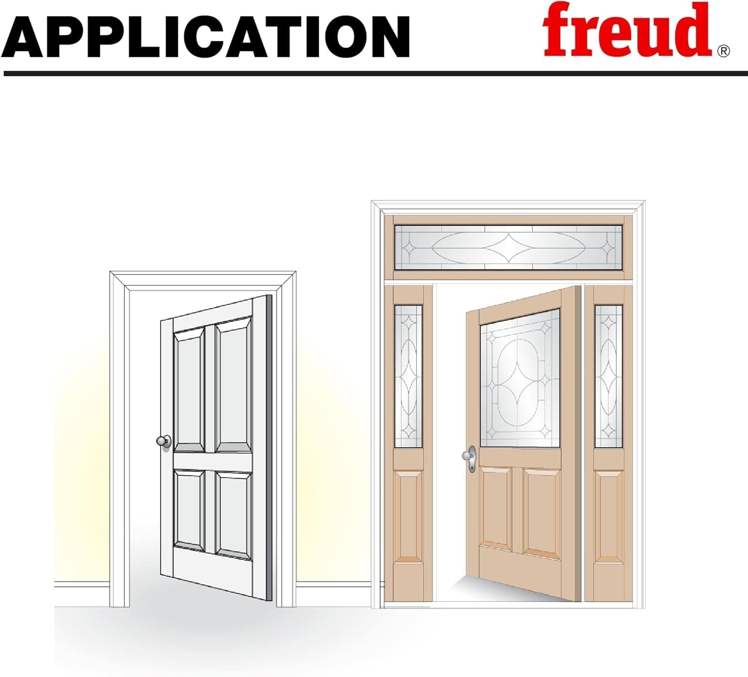 A technical application illustration displaying two finished door styles: a traditional four-panel solid wood door and a decorative glass-insert entryway door with sidelights and a transom window, both achievable with premier adjustable router bits.