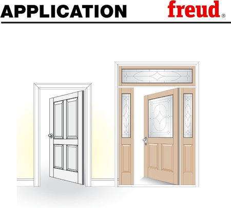 A technical application illustration displaying two finished door styles: a traditional four-panel solid wood door and a decorative glass-insert entryway door with sidelights and a transom window, both achievable with premier adjustable router bits.