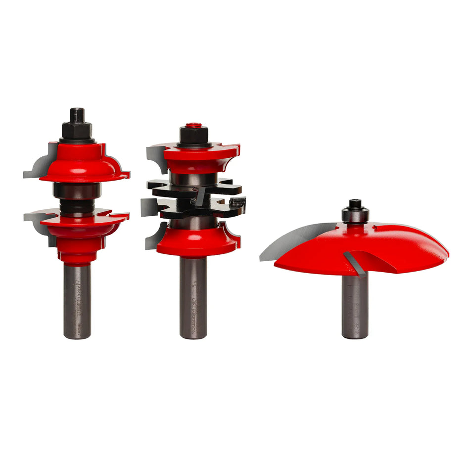Freud 98-302 3-piece professional door construction bit set featuring red Perma-SHIELD coating, including the 99-267 entry and interior door system and a 3-1/2-inch Quadra-Cut raised panel bit.