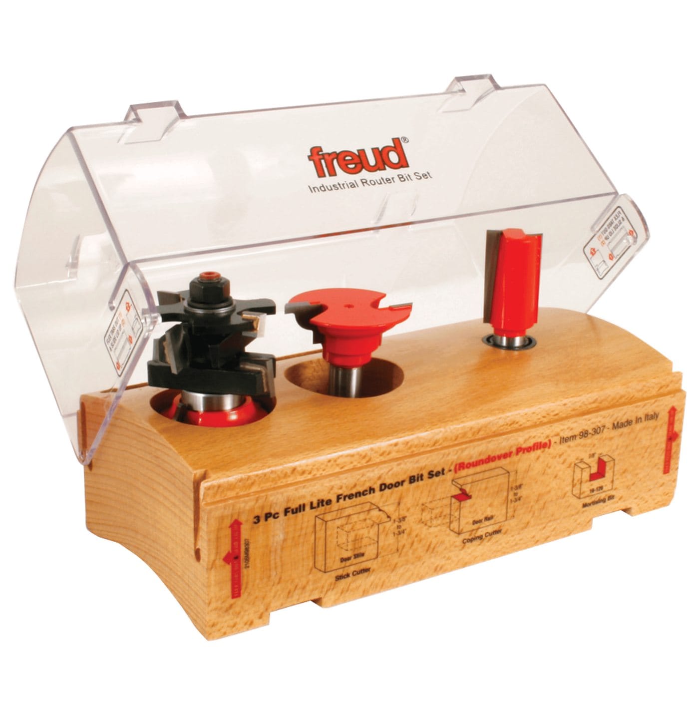 Angled view of the Freud 98-307 3-piece French door router bit set featuring the Rail and Stile bits and mortising bit organized in a premium wooden storage case with a protective clear cover.