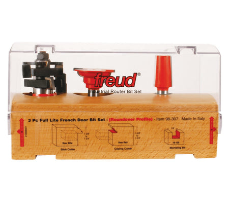 Front view of the Freud industrial French door router bit set in its wooden base, showing the 1/2-inch shank bits and the illustrative wood joint diagrams for the stick cutter, coping cutter, and mortising bit.
