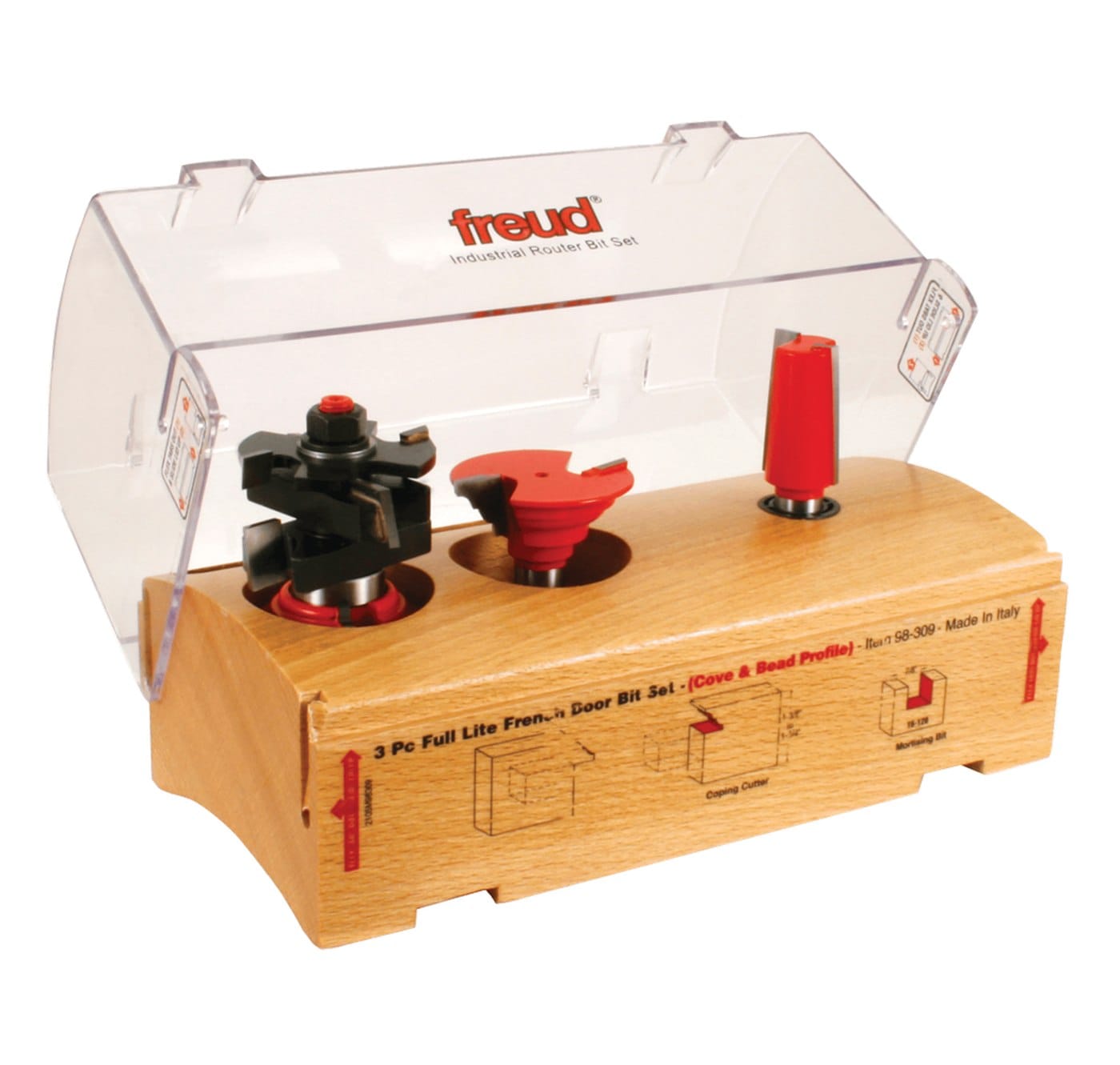 Freud 98-309 3-piece cove and bead French door router bit set organized in a premium wooden storage box with a clear protective cover, featuring the rail bit, stile bit, and mortising bit.