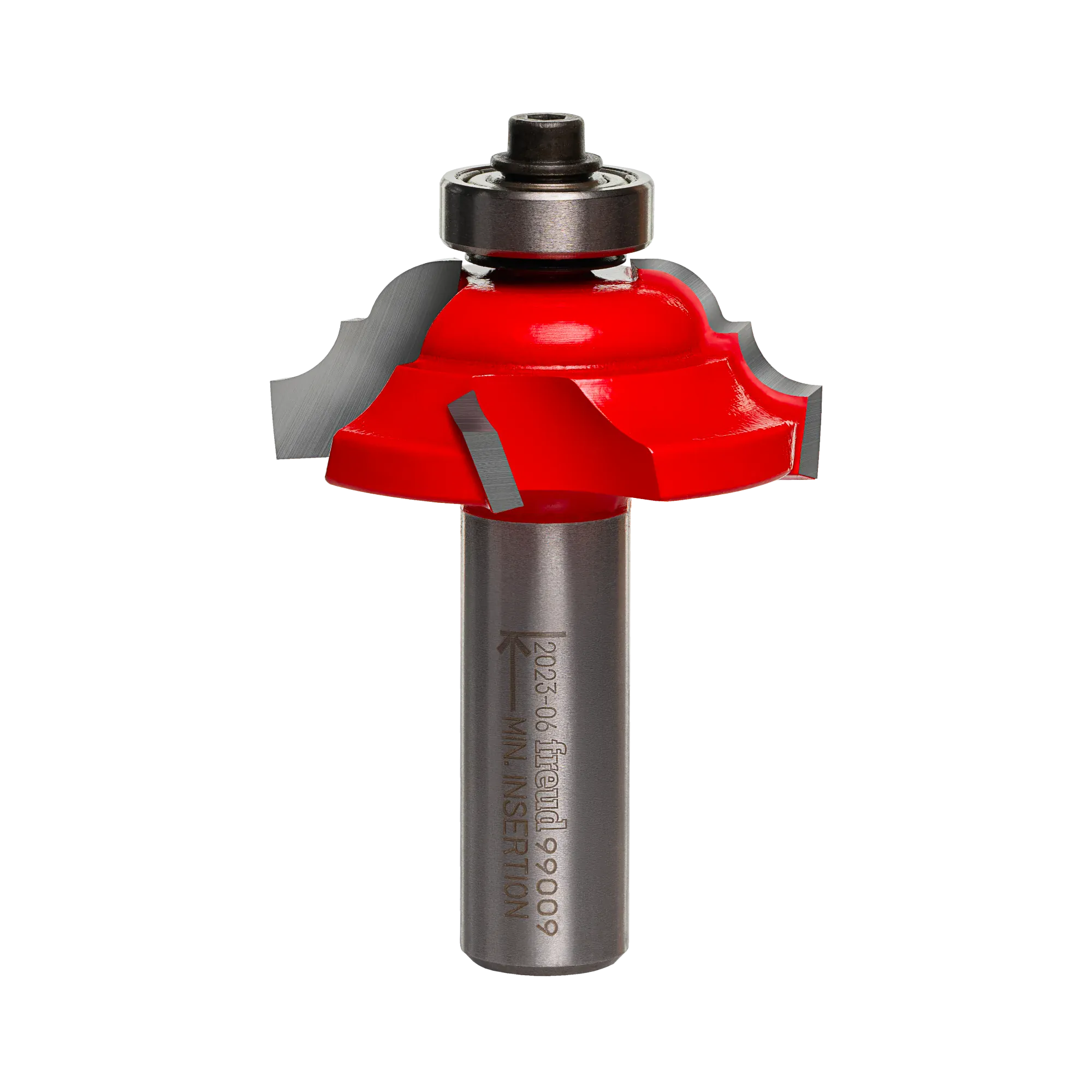 Studio shot of the Freud 99-009 cove and bead router bit standing upright, featuring a red Perma-SHIELD coating, Quadra-Cut four-cutter design, and a ball bearing guide on a 1/2 inch shank.