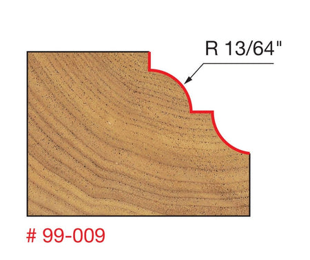 Technical diagram showing the cross-section profile produced by the Freud 99-009 bit, illustrating the classic cove and bead decorative edge with a 13/64 inch radius on a wood block.