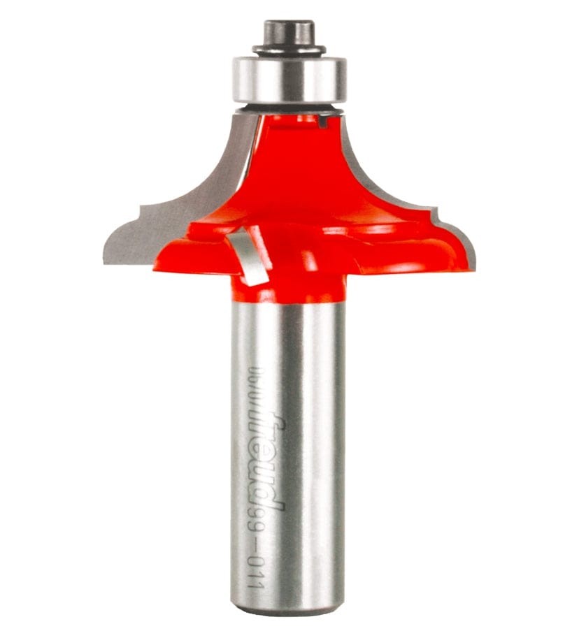 A professional-grade Freud 99-011 1-5/8 inch table top edge classical bold router bit featuring a red Perma-SHIELD coating, a 1/2 inch shank, and a top-mounted ball bearing guide for precision woodworking.