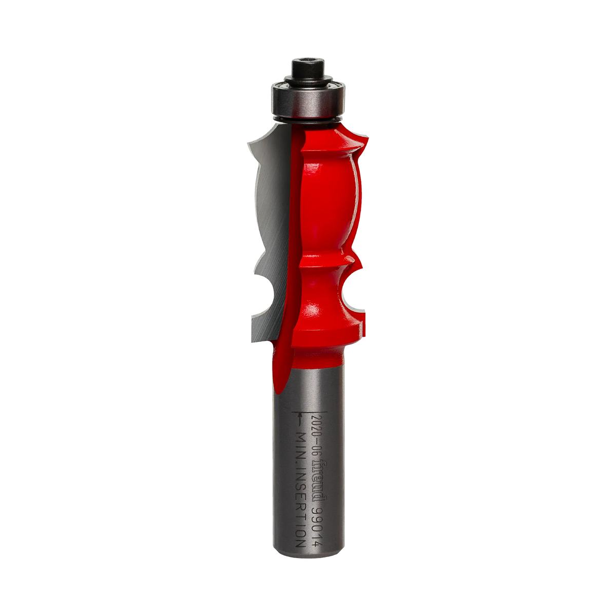 Studio shot of the Freud 99-014 face molding router bit standing upright, featuring a red Perma-SHIELD body, carbide cutters, and a top-mounted ball bearing guide on a 1/2 inch shank.
