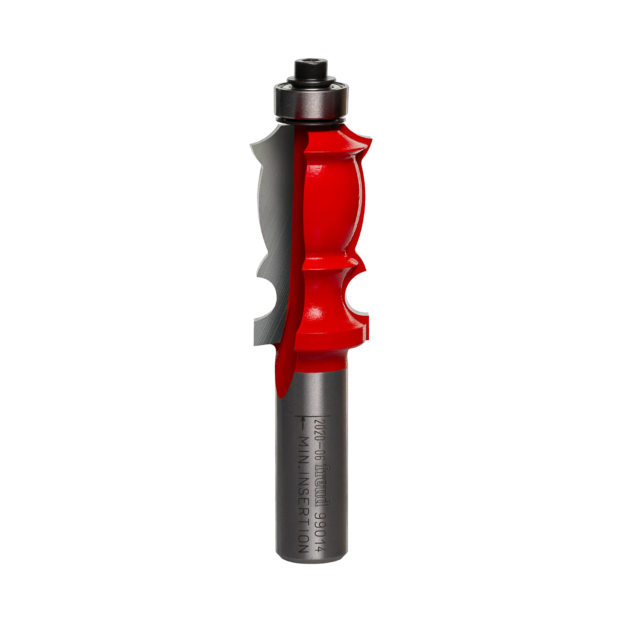 Studio shot of the Freud 99-014 face molding router bit standing upright, featuring a red Perma-SHIELD body, carbide cutters, and a top-mounted ball bearing guide on a 1/2 inch shank.