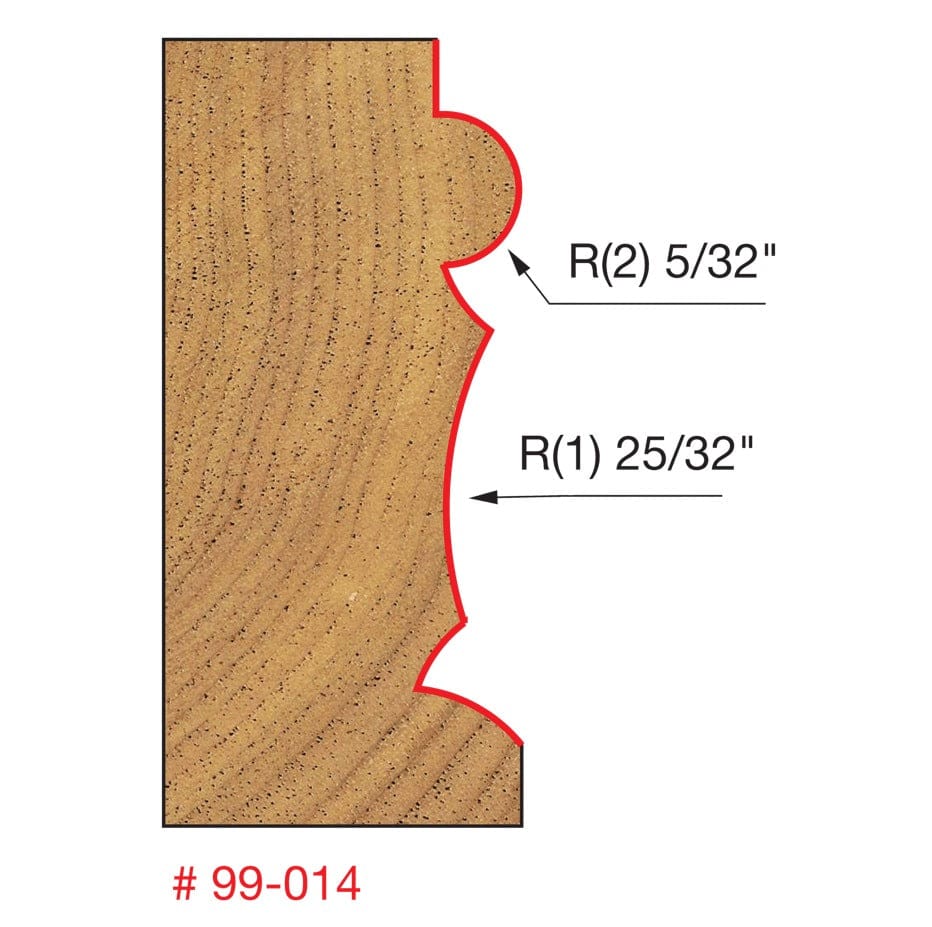 Technical diagram showing the cross-section profile of the Freud 99-014 bit, indicating a 25/32 inch large radius and a 5/32 inch small radius for the face molding curve.