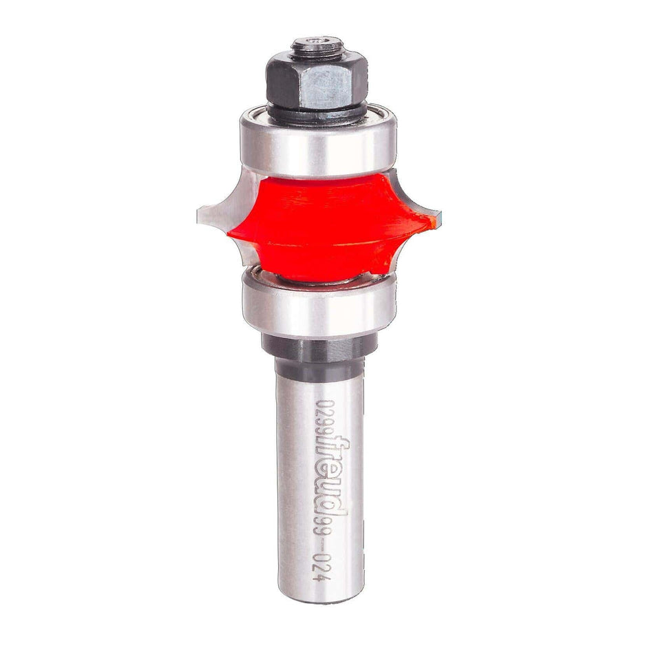 Router bit with red insert and silver shank on a white background