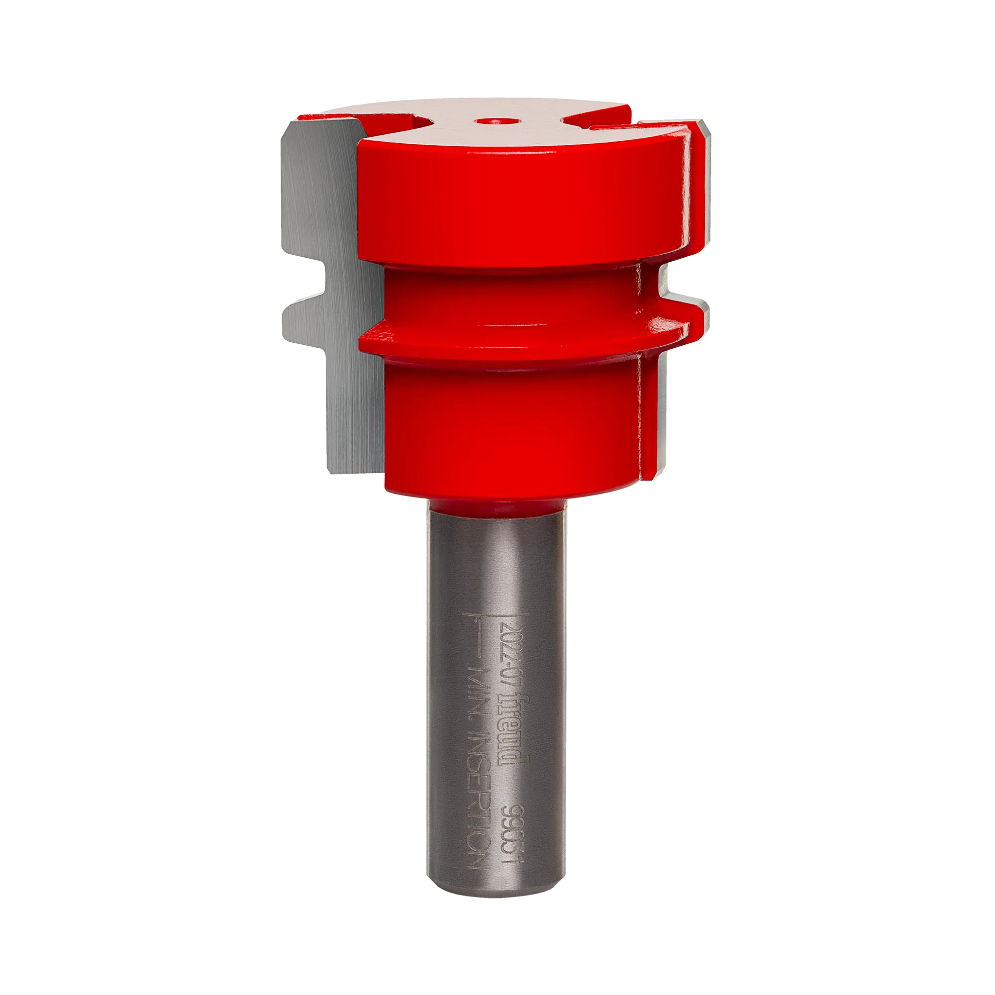 A professional studio shot of the Freud 99-031 1-1/2 inch reversible glue joint router bit, featuring the signature red Perma-SHIELD non-stick coating and a polished 1/2 inch steel shank.