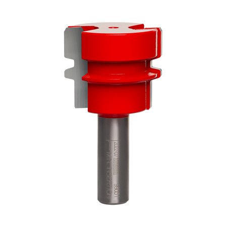 A professional studio shot of the Freud 99-031 1-1/2 inch reversible glue joint router bit, featuring the signature red Perma-SHIELD non-stick coating and a polished 1/2 inch steel shank.