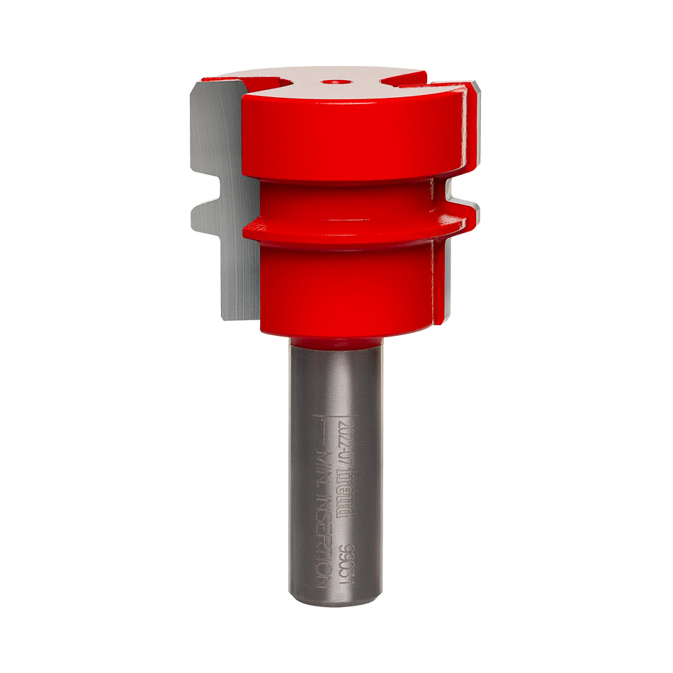 A professional studio shot of the Freud 99-031 1-1/2 inch reversible glue joint router bit, featuring the signature red Perma-SHIELD non-stick coating and a polished 1/2 inch steel shank.