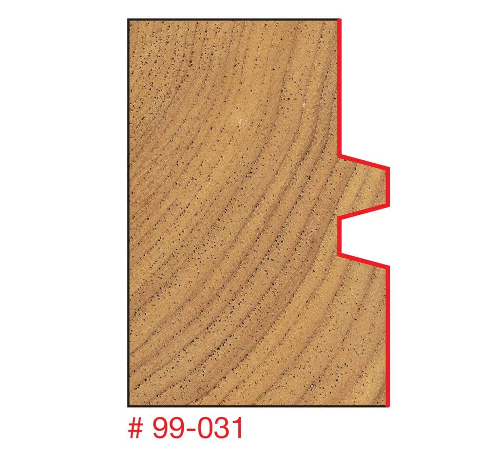 A technical line drawing of the Freud glue joint bit profile against a wood grain background, illustrating the precise 30-degree interlocking geometry for edge-to-edge joinery.