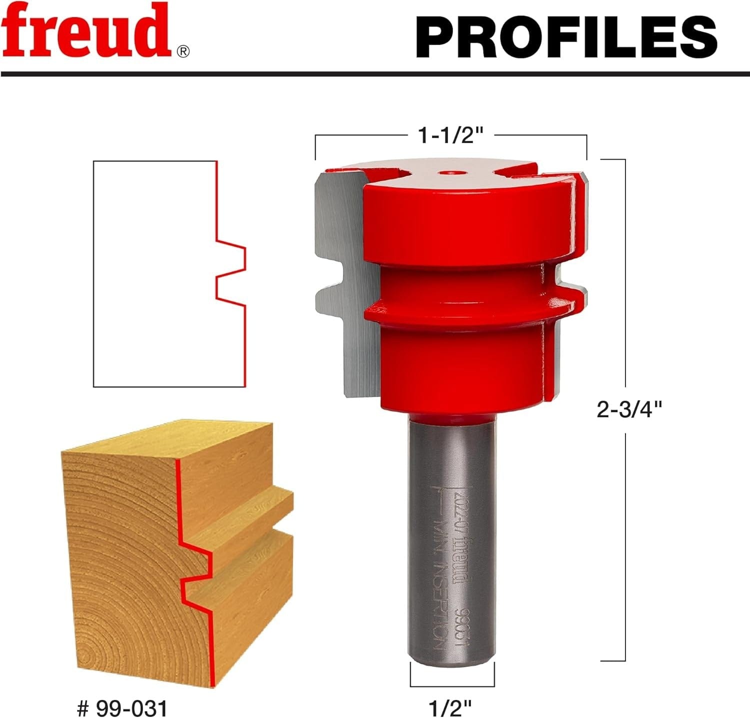 A detailed profile diagram of the Freud 99-031 bit showing the 1-1/2 inch diameter, 2-3/4 inch overall length, and 1/2 inch shank dimensions next to a sample wood joint.