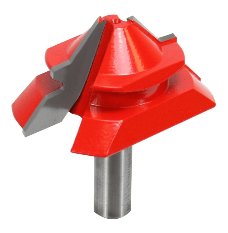 A studio product shot of the red Freud 99-034 lock miter router bit featuring a 1/2-inch steel shank and high-density carbide cutters designed for woodworking.
