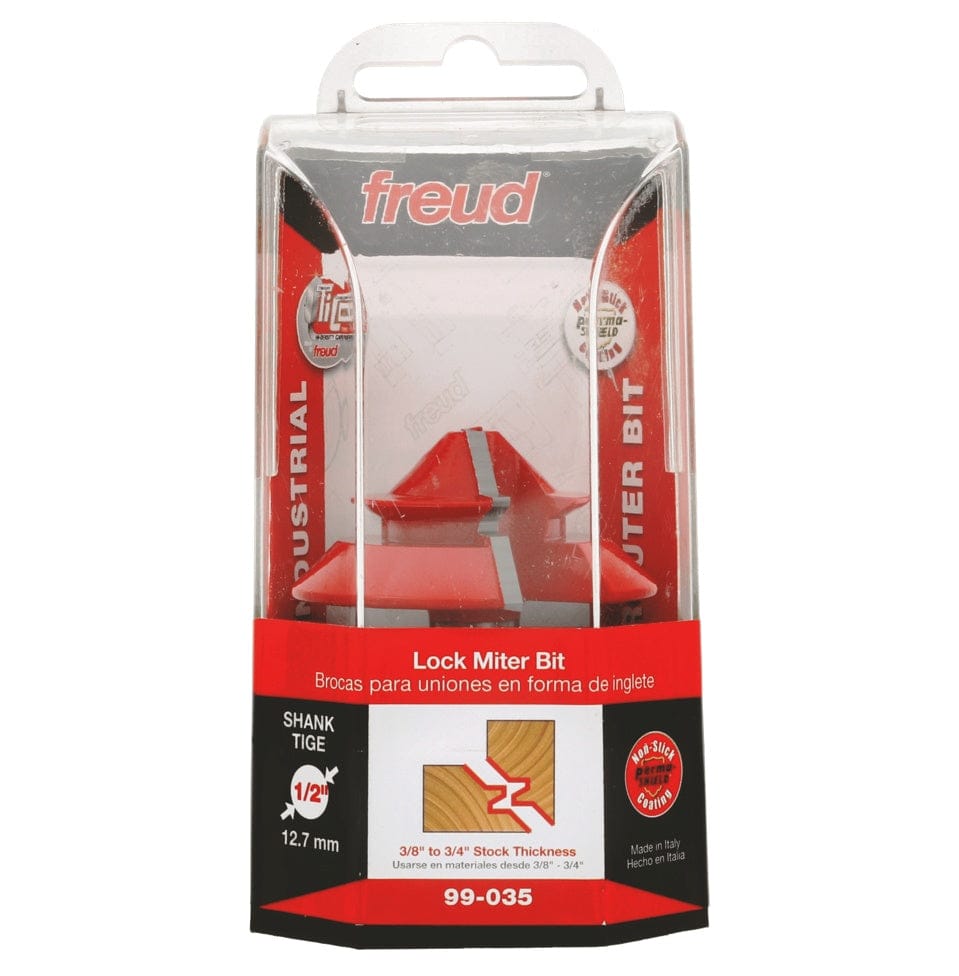 The retail packaging for the Freud 99-035 lock miter bit, indicating it is an industrial-quality tool with a 1/2 inch shank suitable for stock thicknesses between 3/8 inch and 3/4 inch.