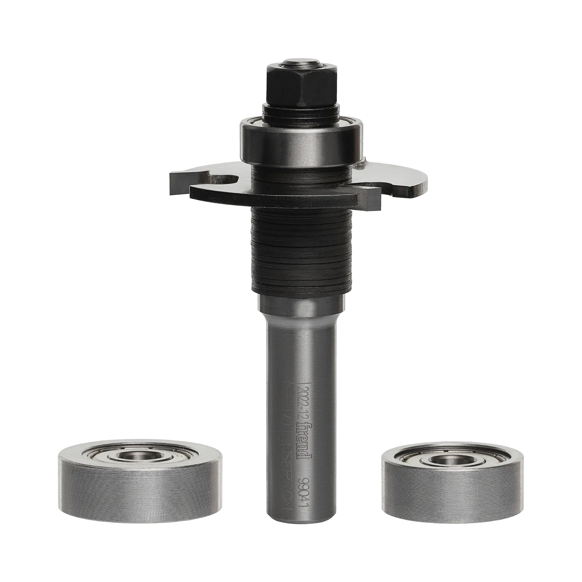 Studio shot of the Freud 99-041 biscuit joining router bit assembly standing upright, featuring a 1/2 inch shank, arbor, and carbide slot cutter, displayed alongside two additional interchangeable silver bearings.