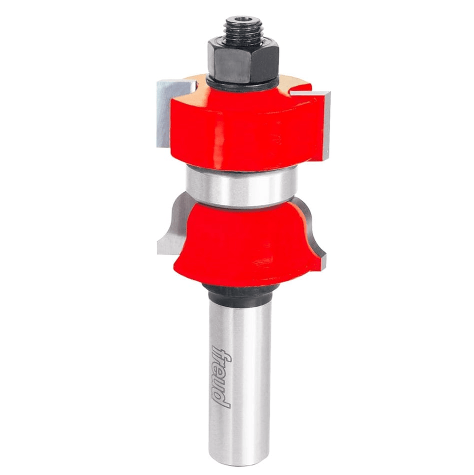 Studio shot of the Freud 99-051 window sash profile router bit standing upright, featuring a red Perma-SHIELD body, carbide cutters with a curved profile, and a ball bearing guide on a 1/2 inch shank.