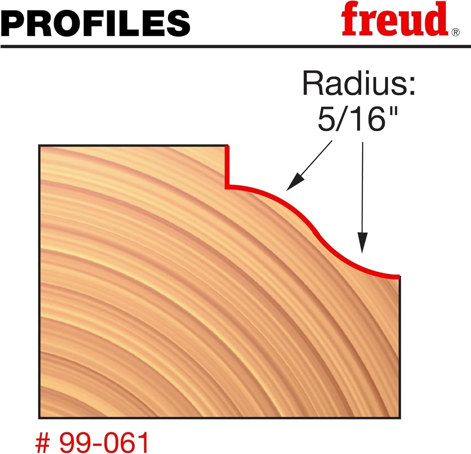 Technical diagram illustrating the cross-section profile created by the Freud 99-061 bit, showing a classic ogee shape with a 5/16 inch radius.