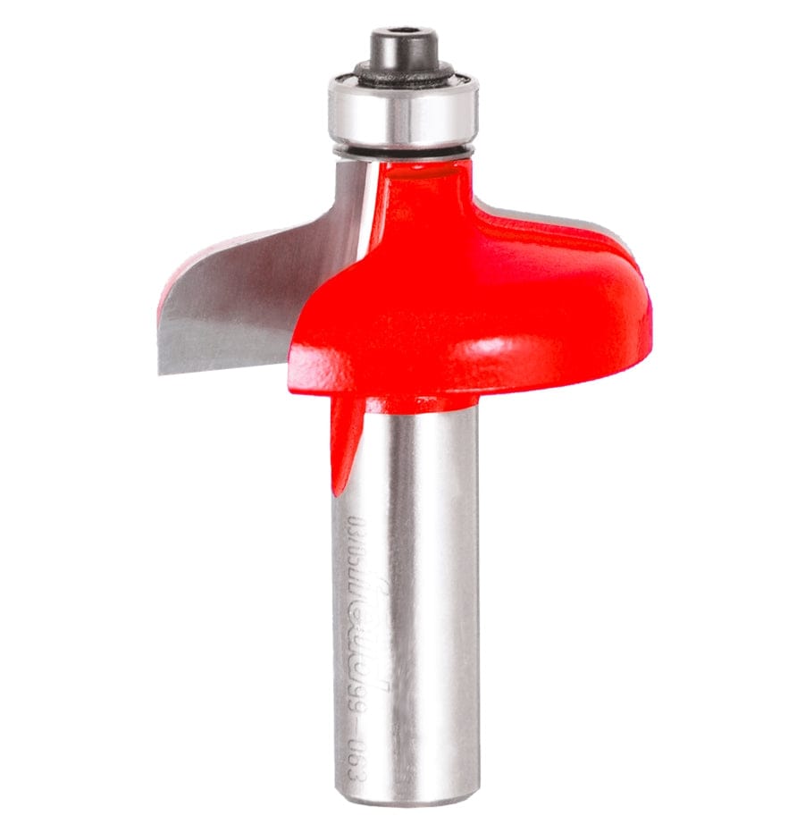 A professional studio shot of the Freud 99-063 1-3/4 inch carbide No Lip door edge bit featuring the signature red Perma-SHIELD coating and a top-mounted ball bearing guide.