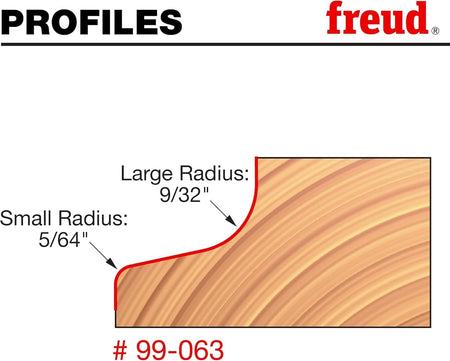 A technical profile diagram of the Freud 99-063 router bit illustrating the precise inverted Ogee profile with specified radii for finishing cabinet door and drawer edges.
