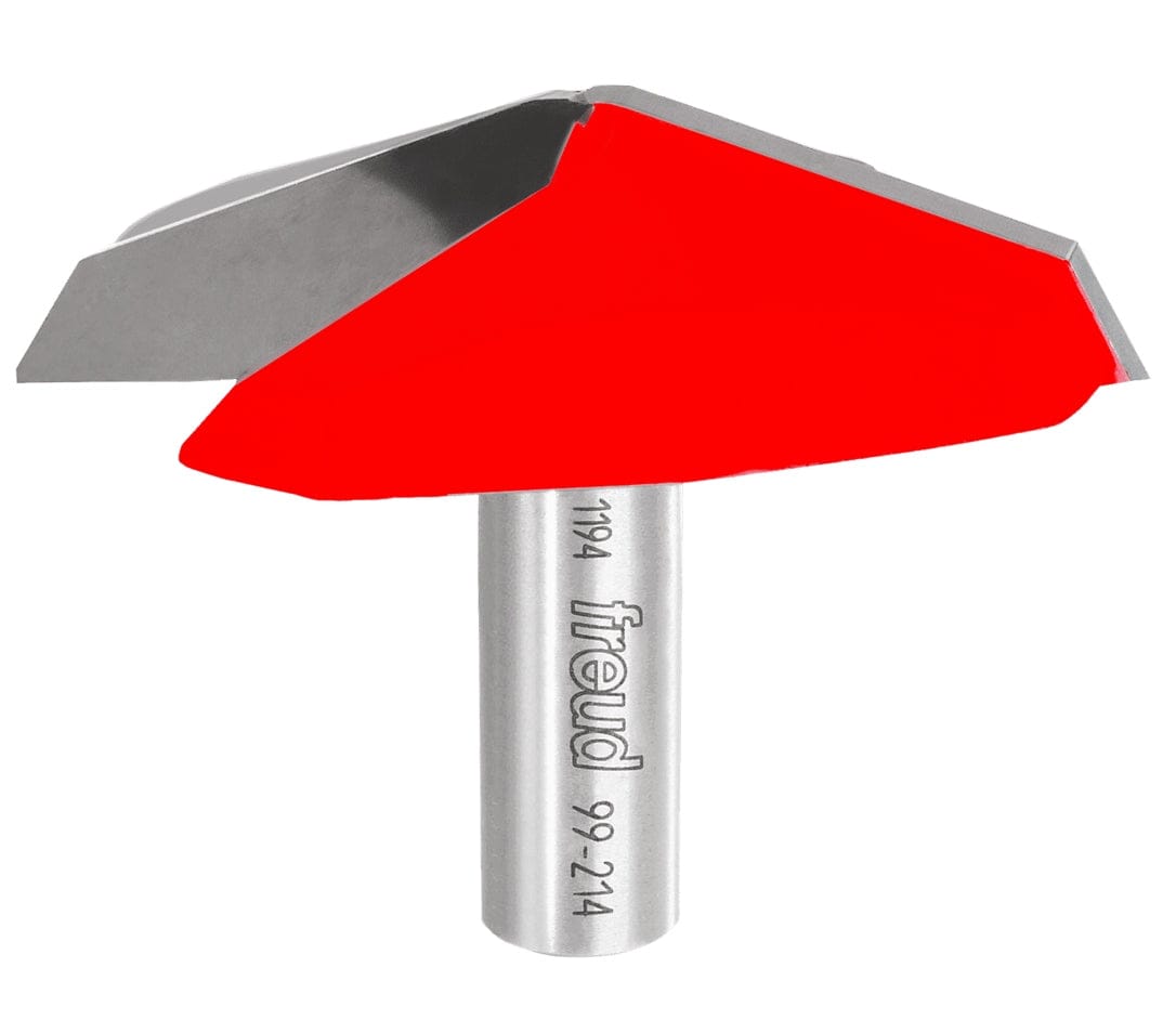Studio shot of the Freud 99-214 French Provincial Raised Panel Router Bit featuring a large red Perma-SHIELD coated body and a 1/2-inch shank. The bit displays the wide, beveled cutting profile designed for raised panel doors.