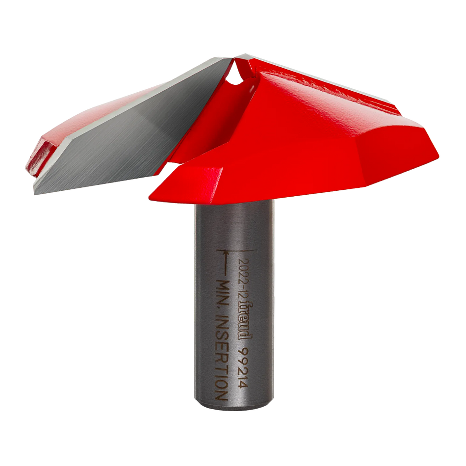 Studio shot of the Freud 99-214 French Provincial Raised Panel Router Bit featuring a large red Perma-SHIELD coated body and a 1/2-inch shank. The bit displays the wide, beveled cutting profile designed for raised panel doors.