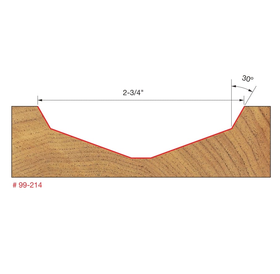 Technical profile diagram for model #99-214 showing the cut profile on a wood panel. A red line traces the wide raised panel bevel across a 2-3/4 inch width, indicating a 30-degree angle at the outer edge transition.