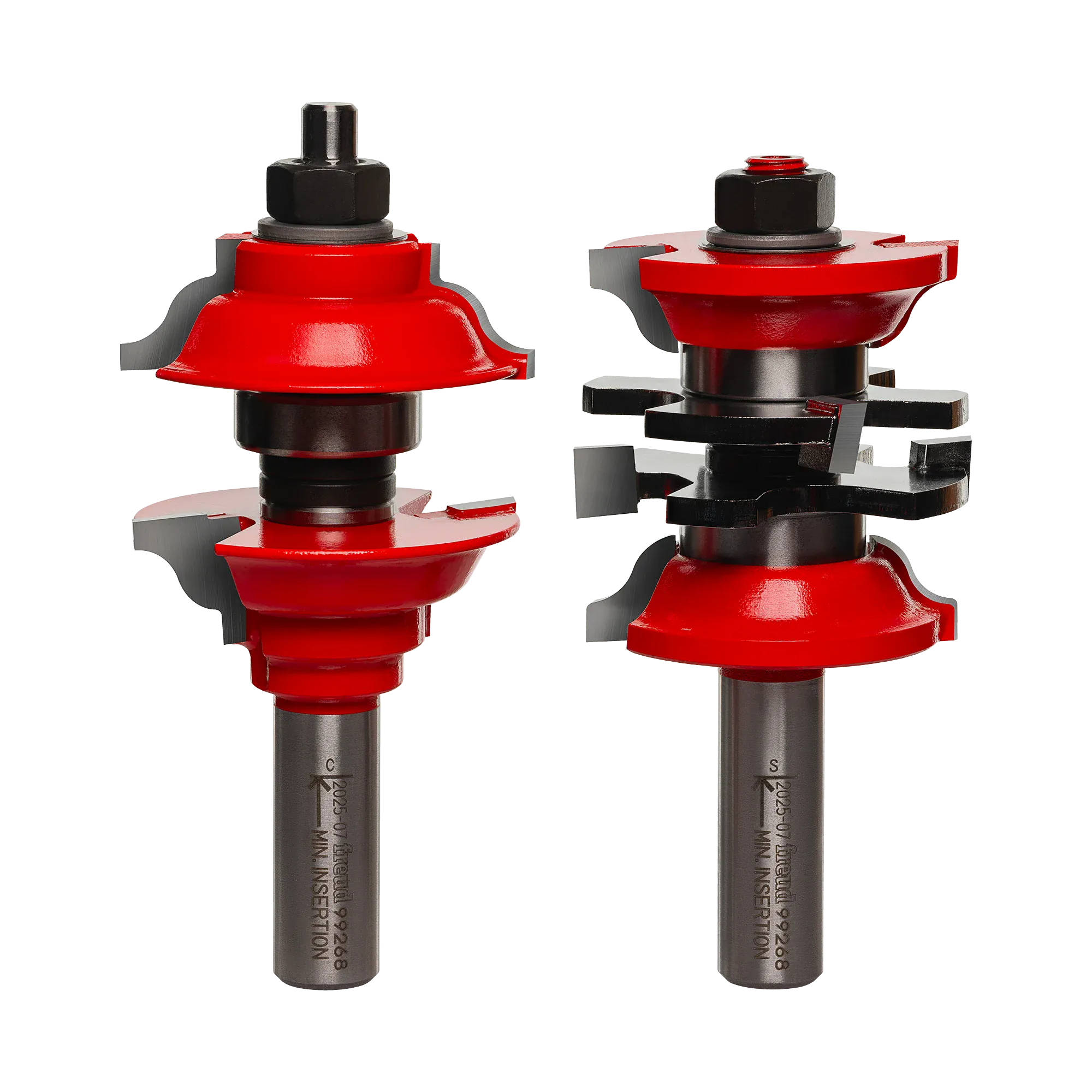 Freud 99-268 entry and interior door router bit set featuring red Perma-SHIELD coating and TiCo high-density carbide cutters for professional ogee profile door construction.