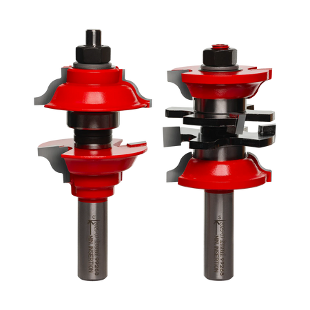 Freud 99-268 entry and interior door router bit set featuring red Perma-SHIELD coating and TiCo high-density carbide cutters for professional ogee profile door construction.