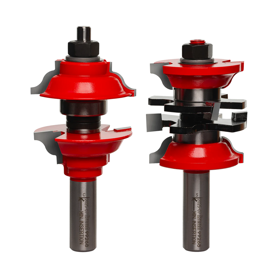 Freud 99-268 entry and interior door router bit set featuring red Perma-SHIELD coating and TiCo high-density carbide cutters for professional ogee profile door construction.