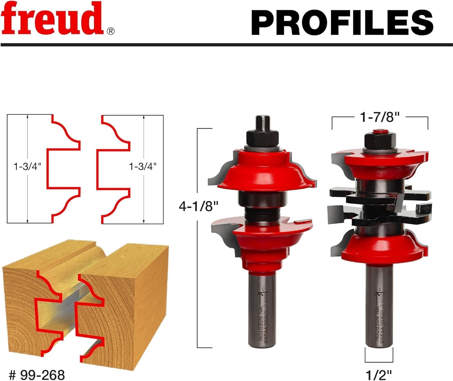 Technical profile diagram and dimensions for the Freud 99-268 door bit set showing the 1-7/8 inch diameter, 4-1/8 inch length, and 1/2 inch shank size for table-mounted routers.