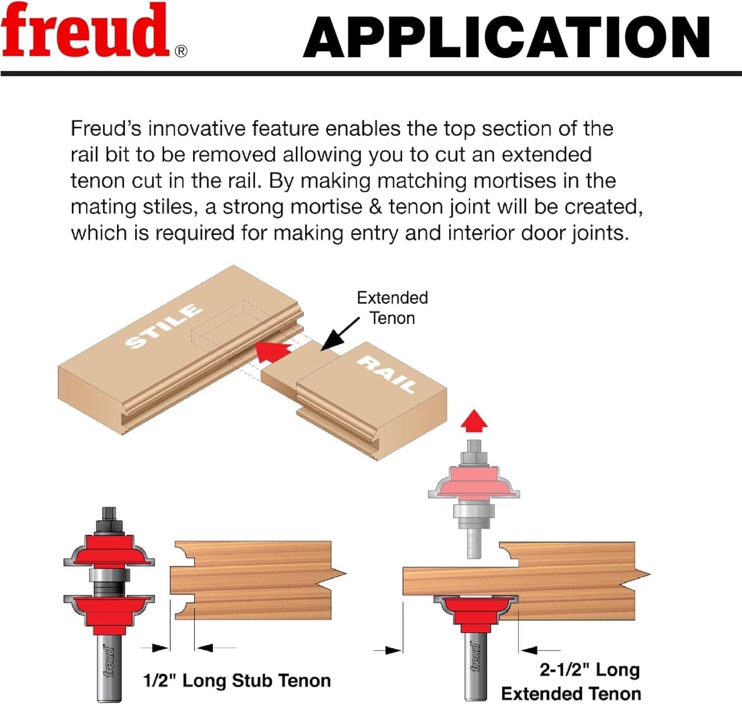 Application diagram demonstrating Freud’s innovative mortise and tenon joinery system which allows woodworkers to mill extended tenons for superior door joint strength.