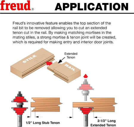 Application diagram demonstrating Freud’s innovative mortise and tenon joinery system which allows woodworkers to mill extended tenons for superior door joint strength.
