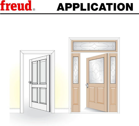 Architectural illustration of high-quality entry and interior doors with decorative raised panels showcasing the professional results achieved with the Freud ogee door bit system.