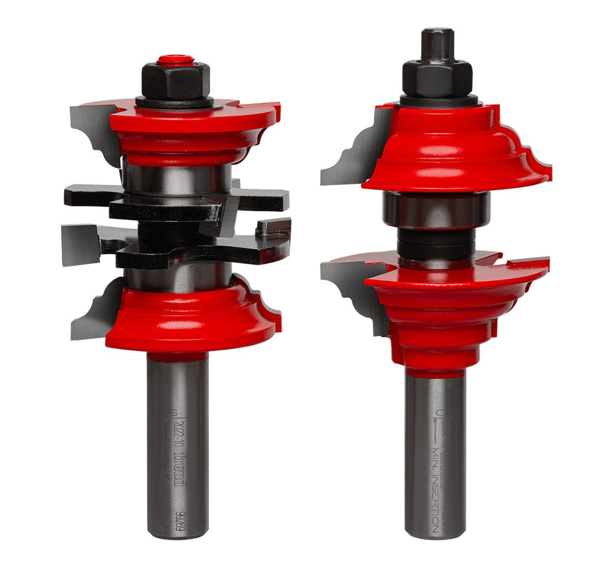 Freud 99-269 matched rail and stile router bit set featuring 1/2-inch shanks and red Perma-SHIELD coating for milling custom entry and interior doors.