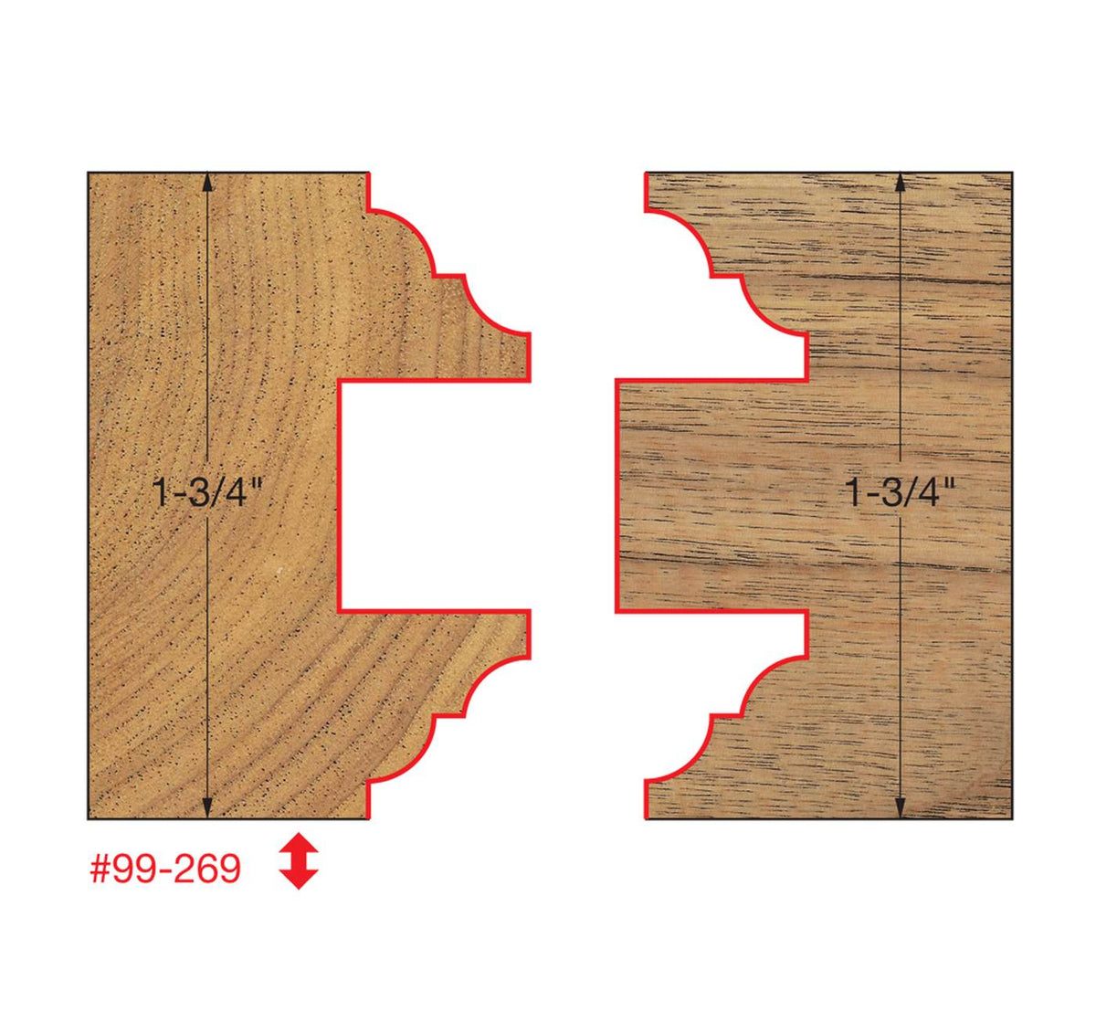 Woodworking profile diagram illustrating the precise mortise and tenon joint created by the Freud 99-269 router bit set on 1-3/4-inch thick door stock.