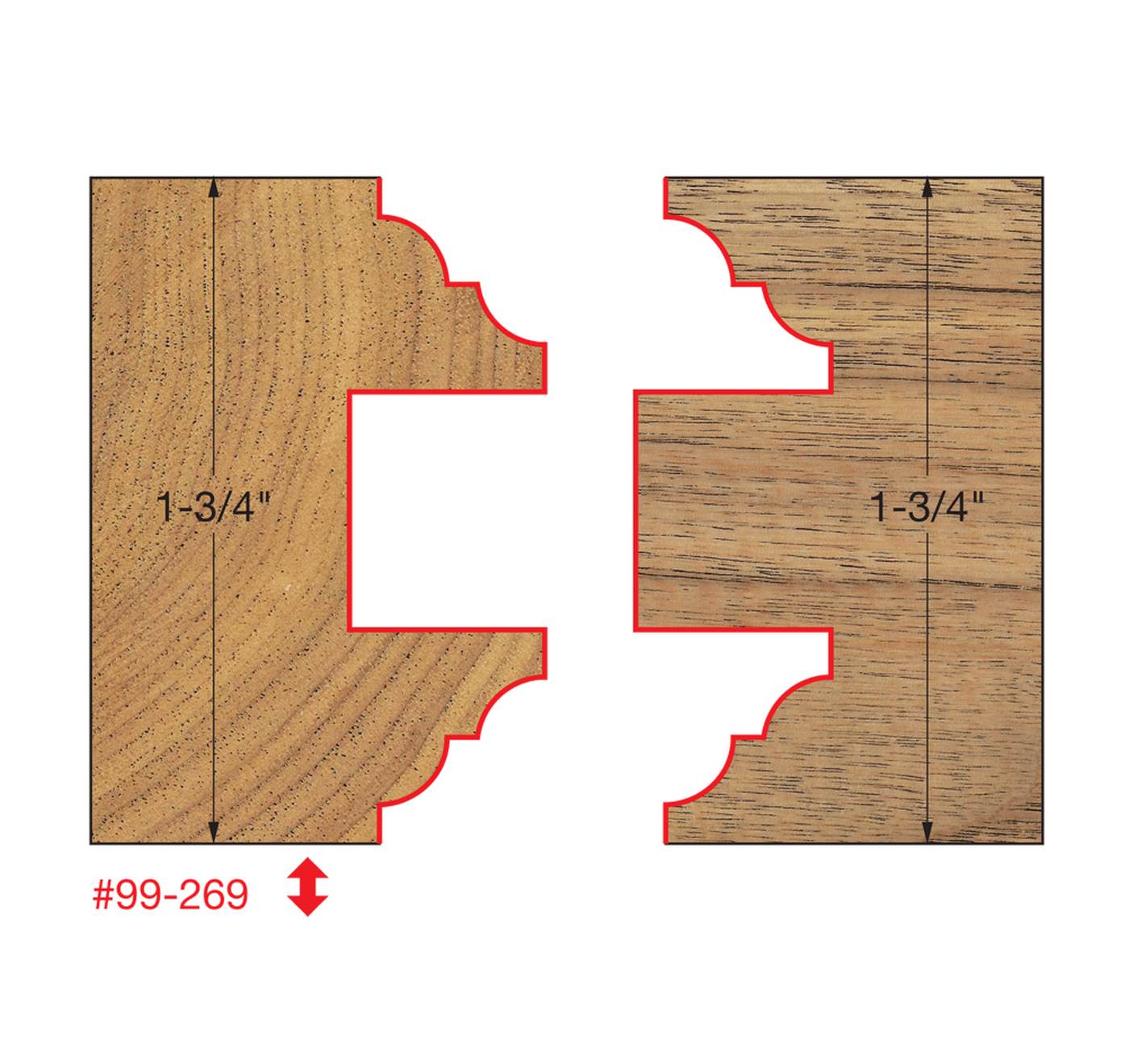 Woodworking profile diagram illustrating the precise mortise and tenon joint created by the Freud 99-269 router bit set on 1-3/4-inch thick door stock.