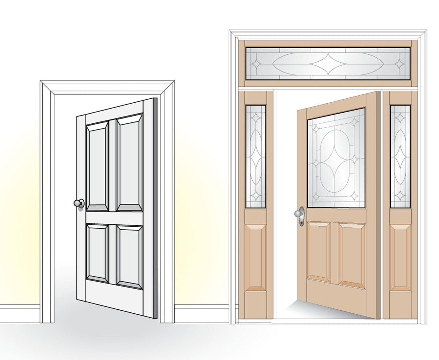 Illustration of finished custom interior and exterior entry doors built utilizing the Freud 99-269 mortise and tenon router bit system.