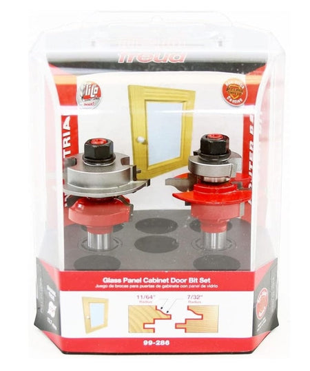 Front view of the product packaging containing the two router bits in a storage stand, with a graphic demonstrating the door frame assembly.