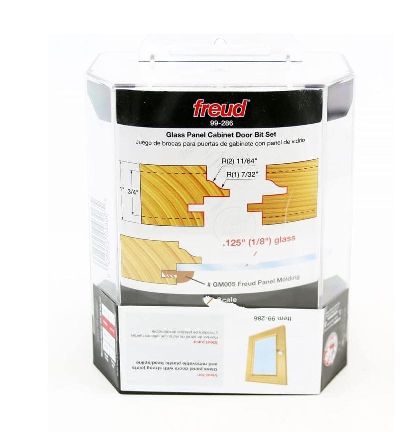 Retail packaging of the Freud 99-286 set, featuring a clear case with diagrams showing the rail and stile profile dimensions and glass panel application.