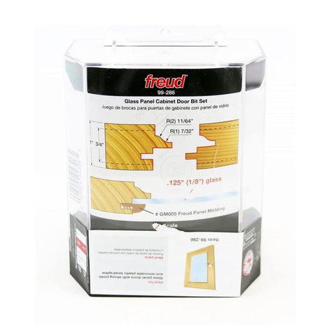 Retail packaging of the Freud 99-286 set, featuring a clear case with diagrams showing the rail and stile profile dimensions and glass panel application.