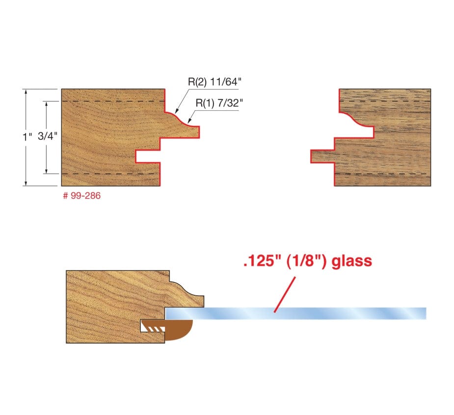 Technical drawing illustrating the rail and stile joint dimensions, profile radii, and the assembly of the wood frame with a 1/8 inch glass panel and spline.